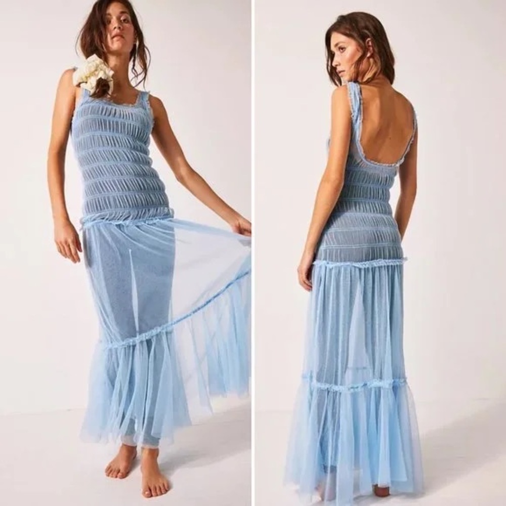 FP Intimately Black Mesh Tulle Ruched Maxi Dress - Picture 7 of 12